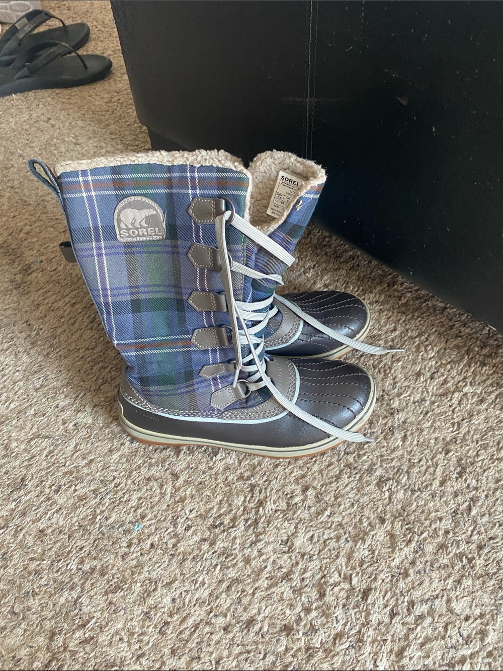 Sorel Plaid Lace-Up Winter Boots in Blue and Green
